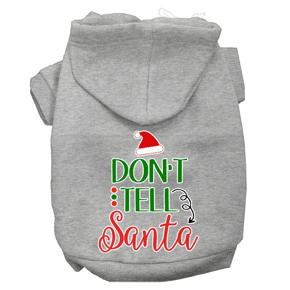 Christmas pet hoodie for dogs and cats with 'Don't Tell Santa' print, featuring a cozy design and leash access hole.