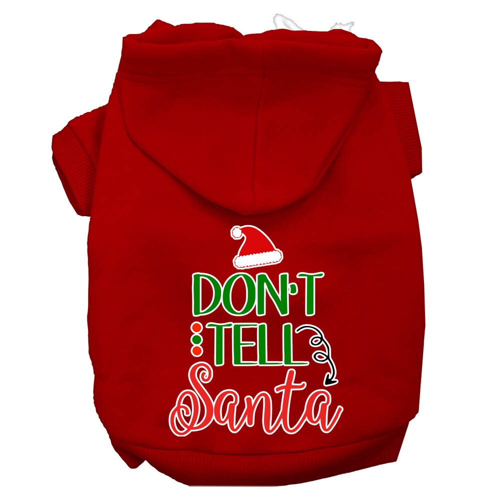 Christmas pet hoodie for dogs and cats with 'Don't Tell Santa' print, featuring a cozy design and leash access hole.