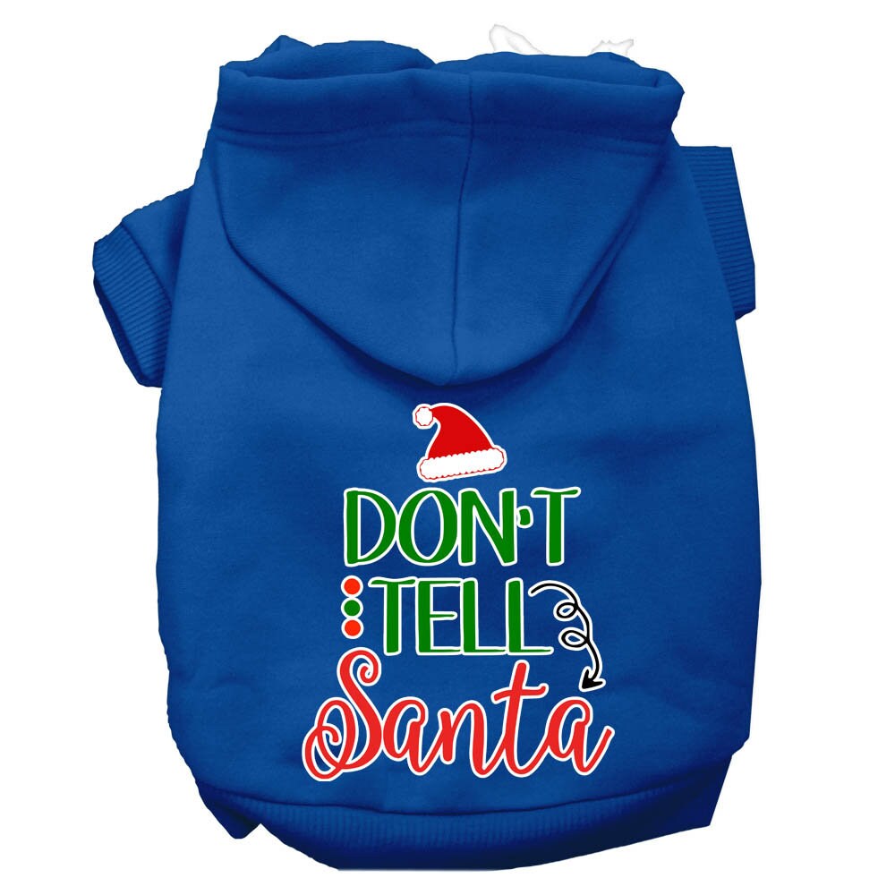 Christmas pet hoodie for dogs and cats with 'Don't Tell Santa' print, featuring a cozy design and leash access hole.