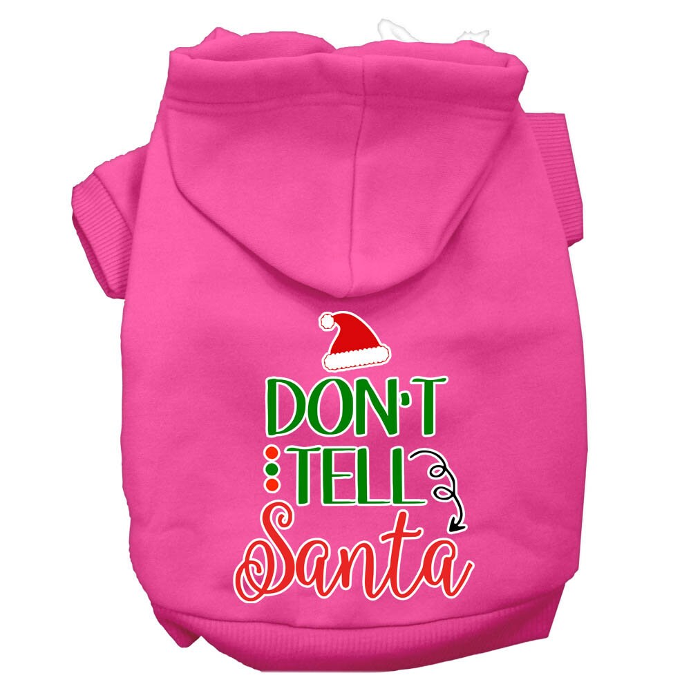 Christmas pet hoodie for dogs and cats with 'Don't Tell Santa' print, featuring a cozy design and leash access hole.