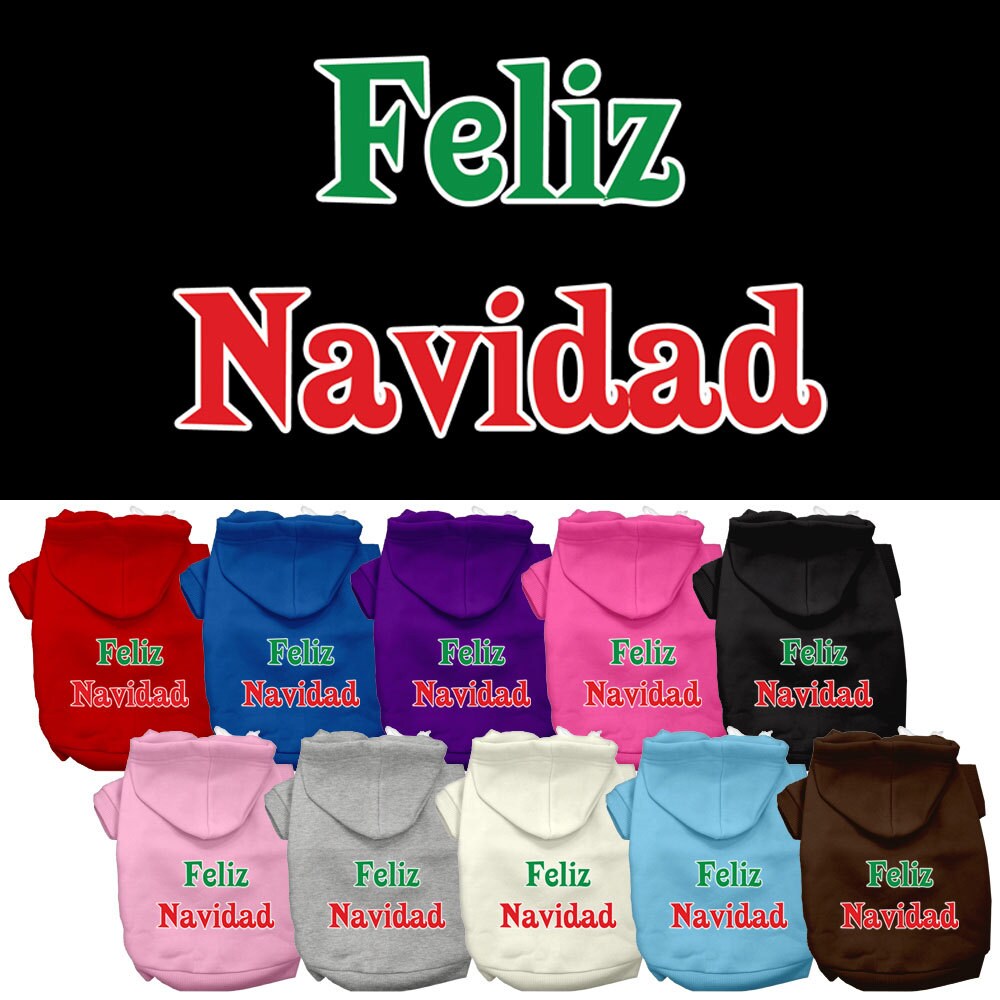 A cozy Christmas hoodie for pets, featuring 'Feliz Navidad' printed design, suitable for dogs and cats.