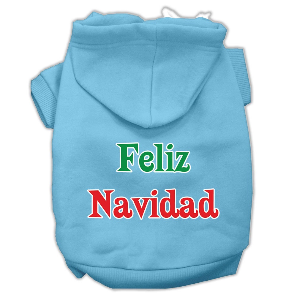 A cozy Christmas hoodie for pets, featuring 'Feliz Navidad' printed design, suitable for dogs and cats.