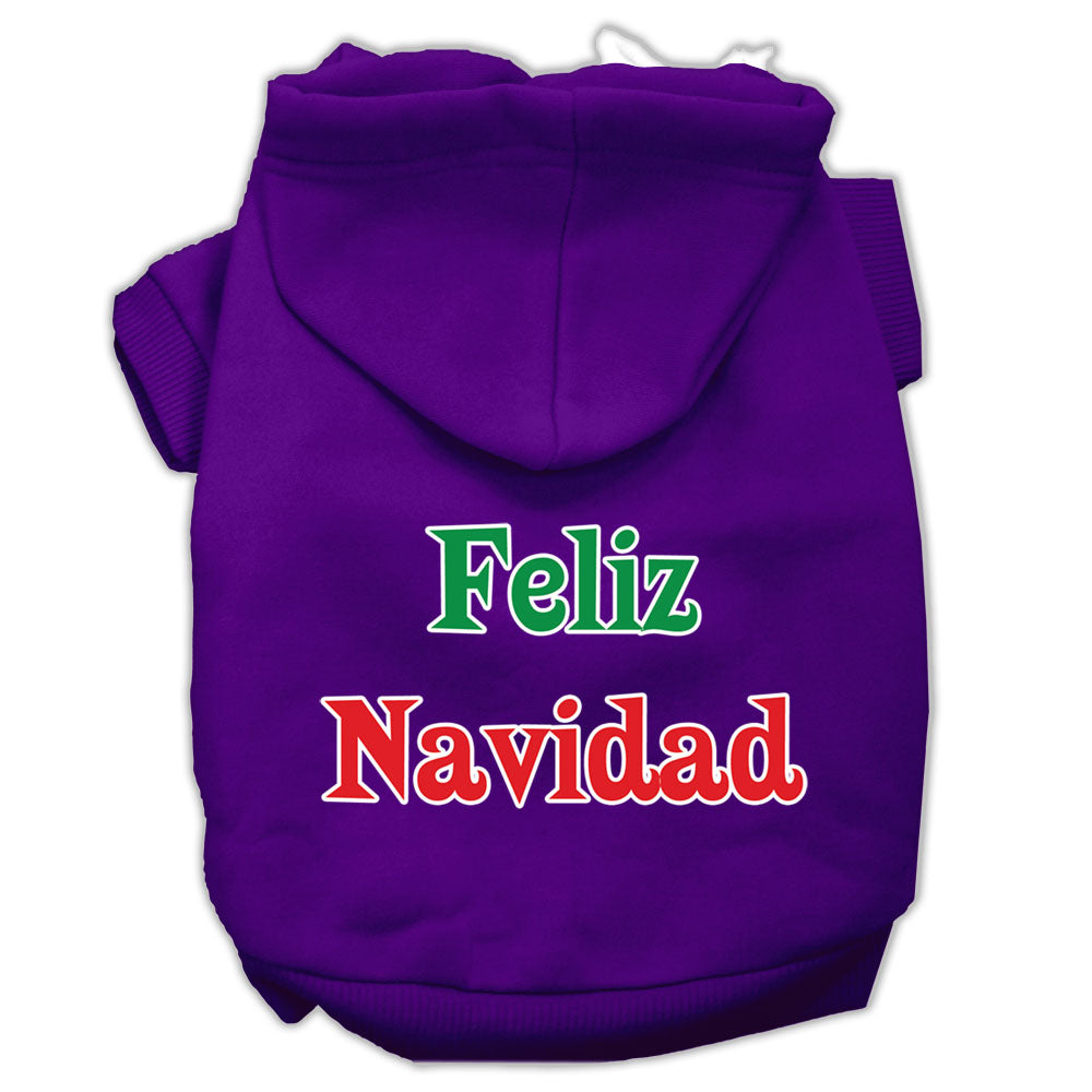 A cozy Christmas hoodie for pets, featuring 'Feliz Navidad' printed design, suitable for dogs and cats.