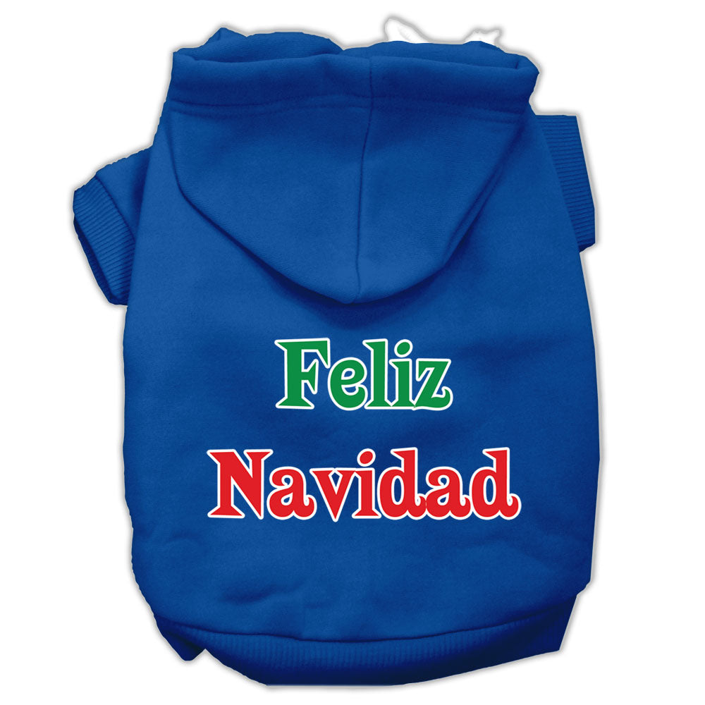 A cozy Christmas hoodie for pets, featuring 'Feliz Navidad' printed design, suitable for dogs and cats.