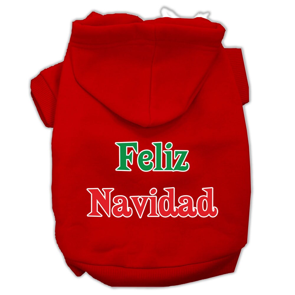 A cozy Christmas hoodie for pets, featuring 'Feliz Navidad' printed design, suitable for dogs and cats.
