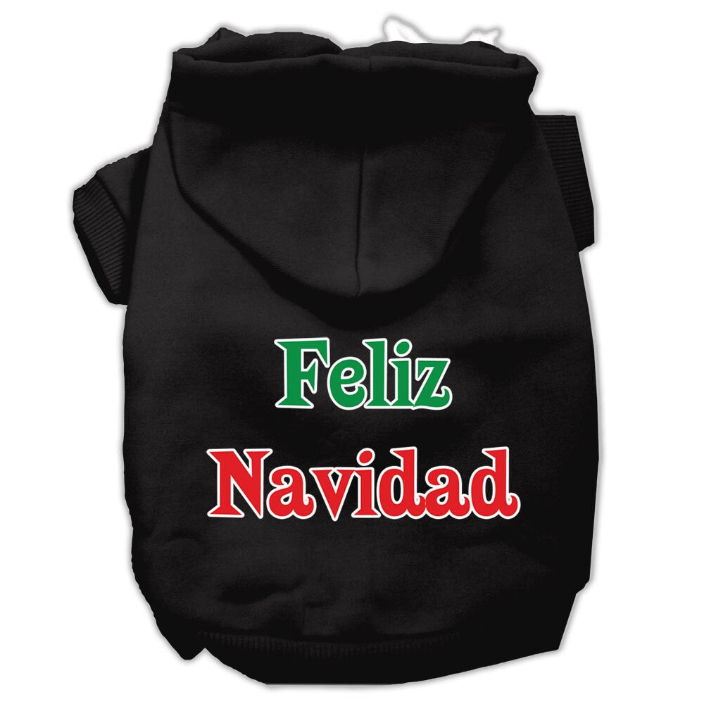 A cozy Christmas hoodie for pets, featuring 'Feliz Navidad' printed design, suitable for dogs and cats.