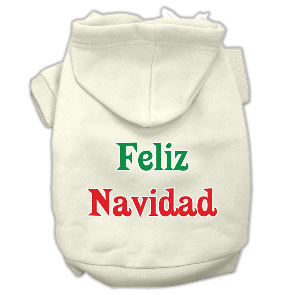 A cozy Christmas hoodie for pets, featuring 'Feliz Navidad' printed design, suitable for dogs and cats.