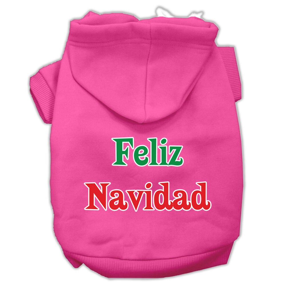 A cozy Christmas hoodie for pets, featuring 'Feliz Navidad' printed design, suitable for dogs and cats.