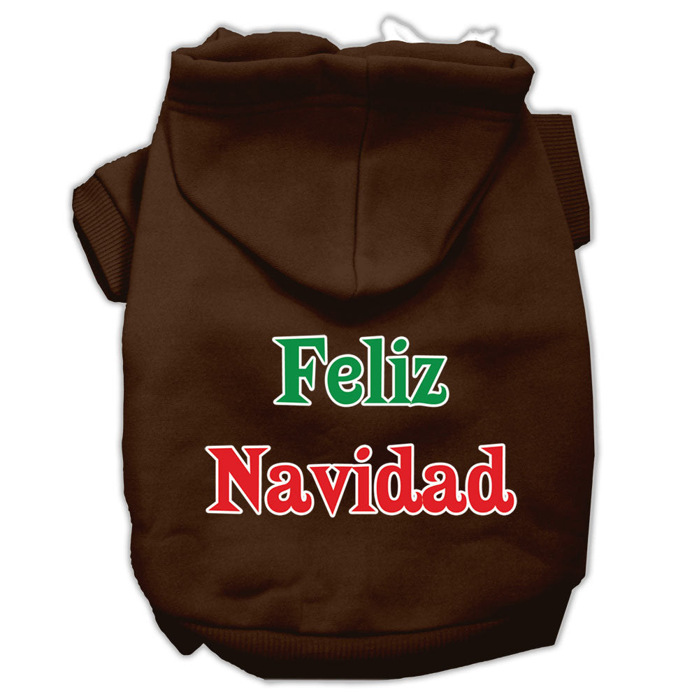A cozy Christmas hoodie for pets, featuring 'Feliz Navidad' printed design, suitable for dogs and cats.
