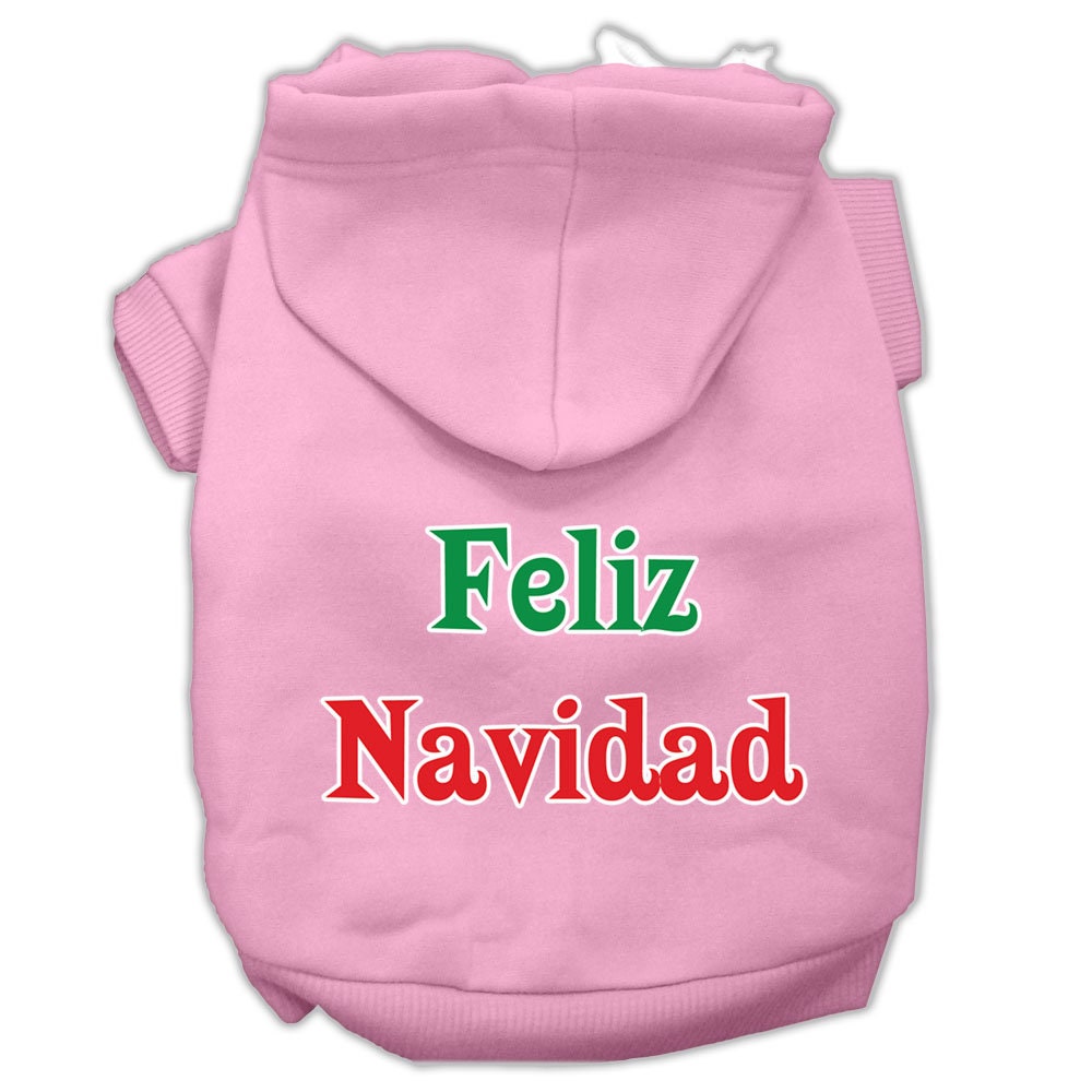 A cozy Christmas hoodie for pets, featuring 'Feliz Navidad' printed design, suitable for dogs and cats.