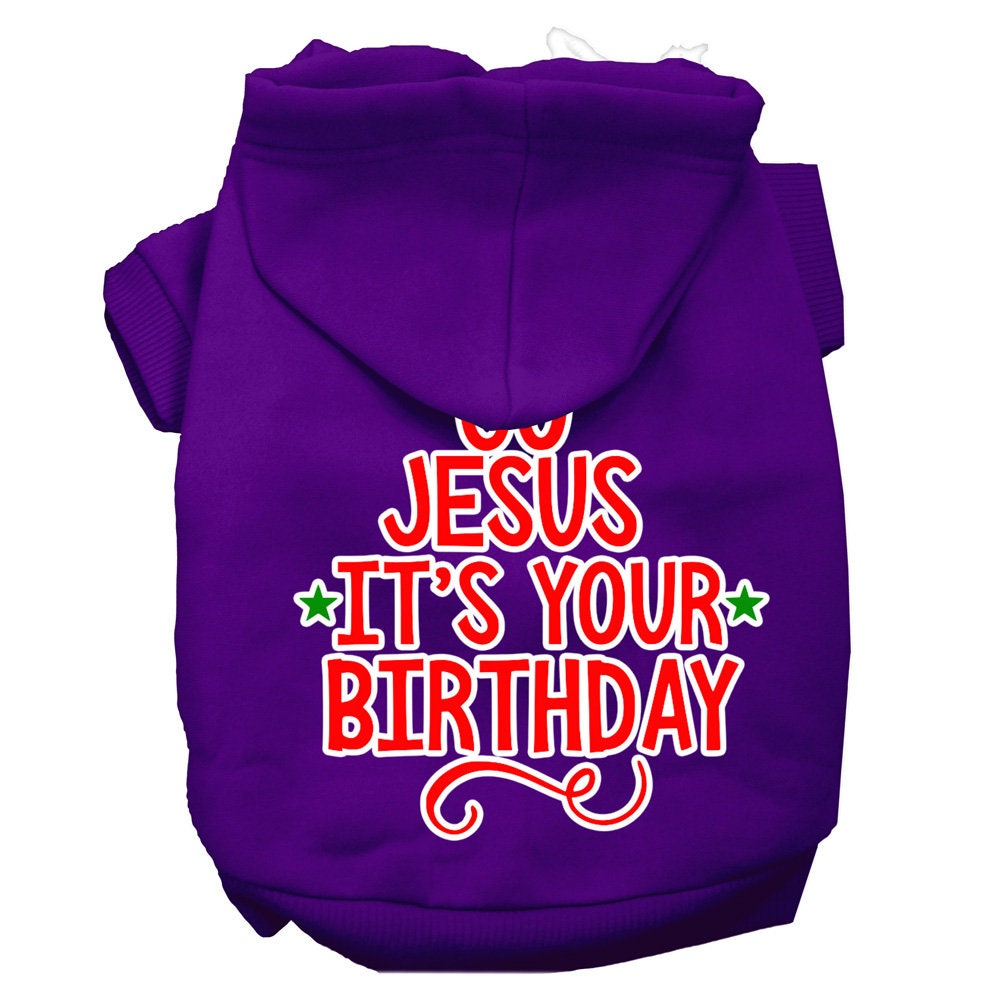 A cozy Christmas pet hoodie for dogs and cats, featuring the screen printed message 'Go Jesus, It's Your Birthday' in festive colors.