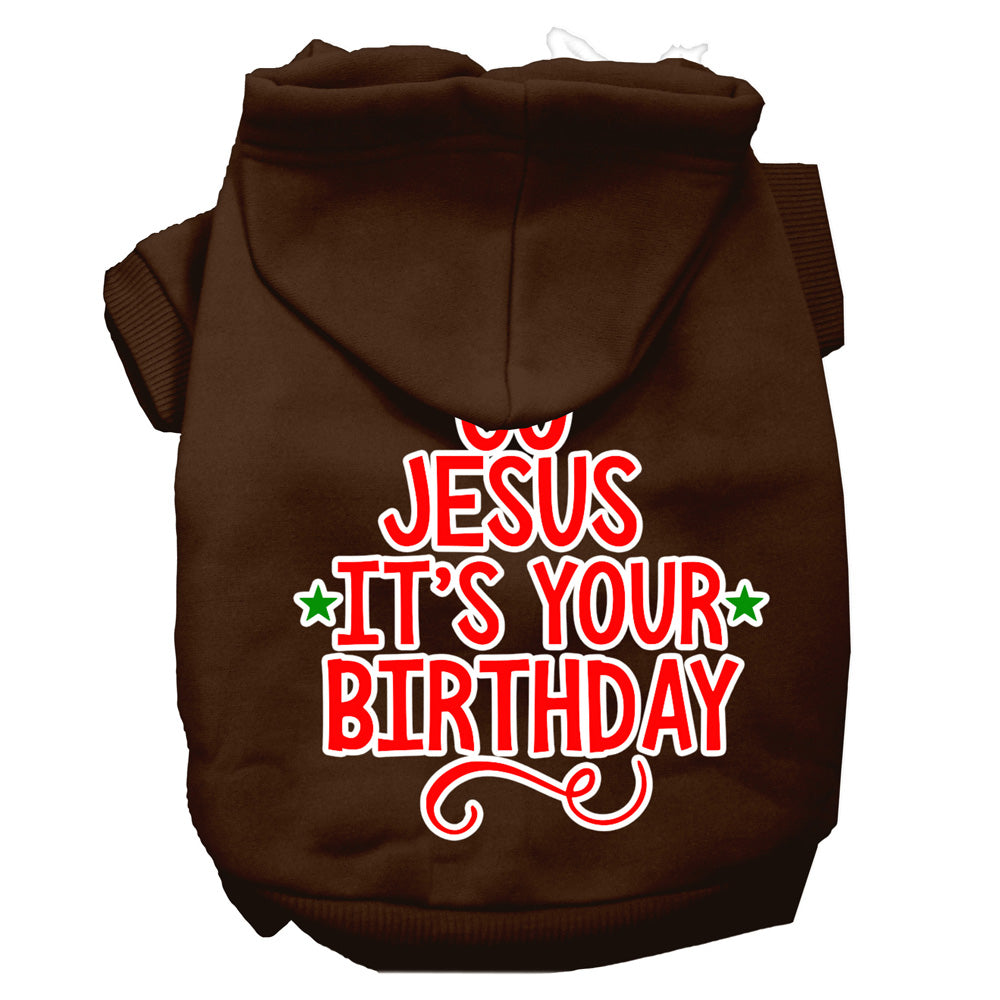 A cozy Christmas pet hoodie for dogs and cats, featuring the screen printed message 'Go Jesus, It's Your Birthday' in festive colors.
