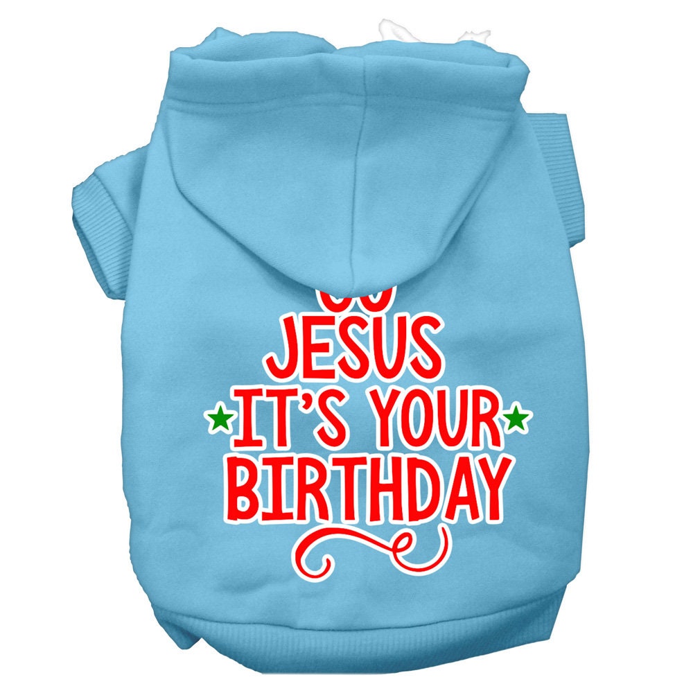 A cozy Christmas pet hoodie for dogs and cats, featuring the screen printed message 'Go Jesus, It's Your Birthday' in festive colors.