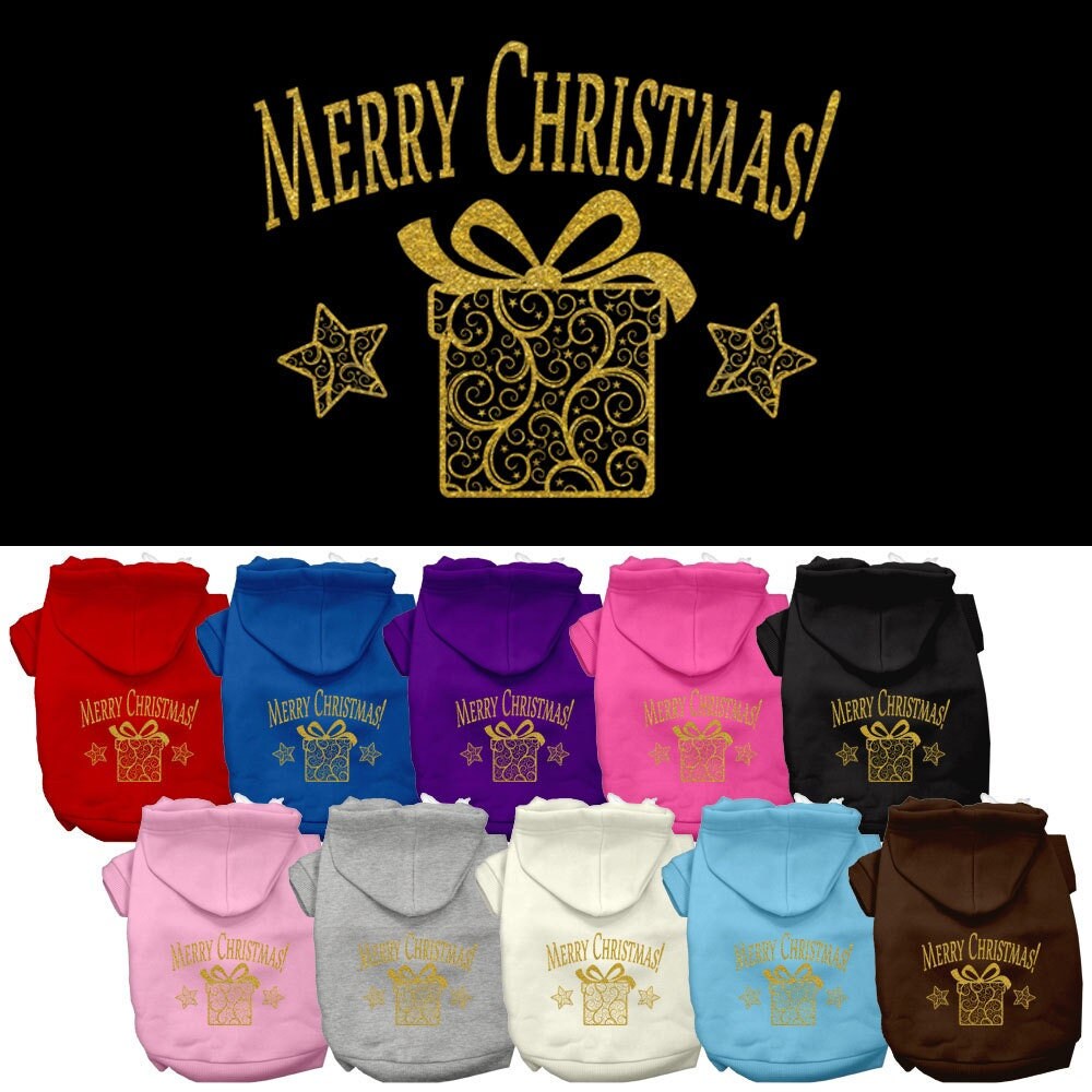 A cozy Christmas hoodie for dogs and cats, featuring a festive 'Golden Christmas Present' design, perfect for holiday celebrations.