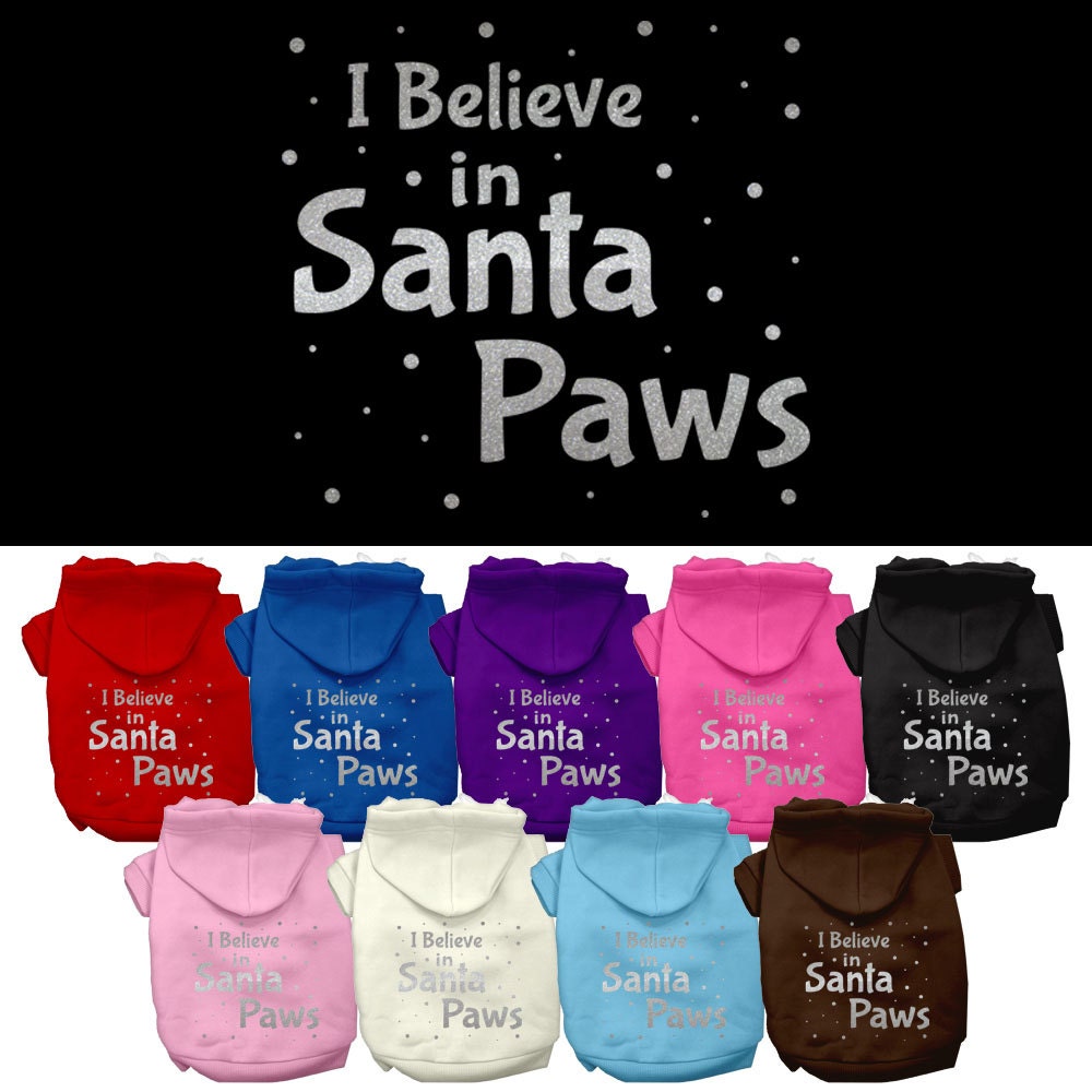 A cozy Christmas hoodie for dogs and cats, featuring the text 'I Believe In Santa Paws', designed for festive pet wear.