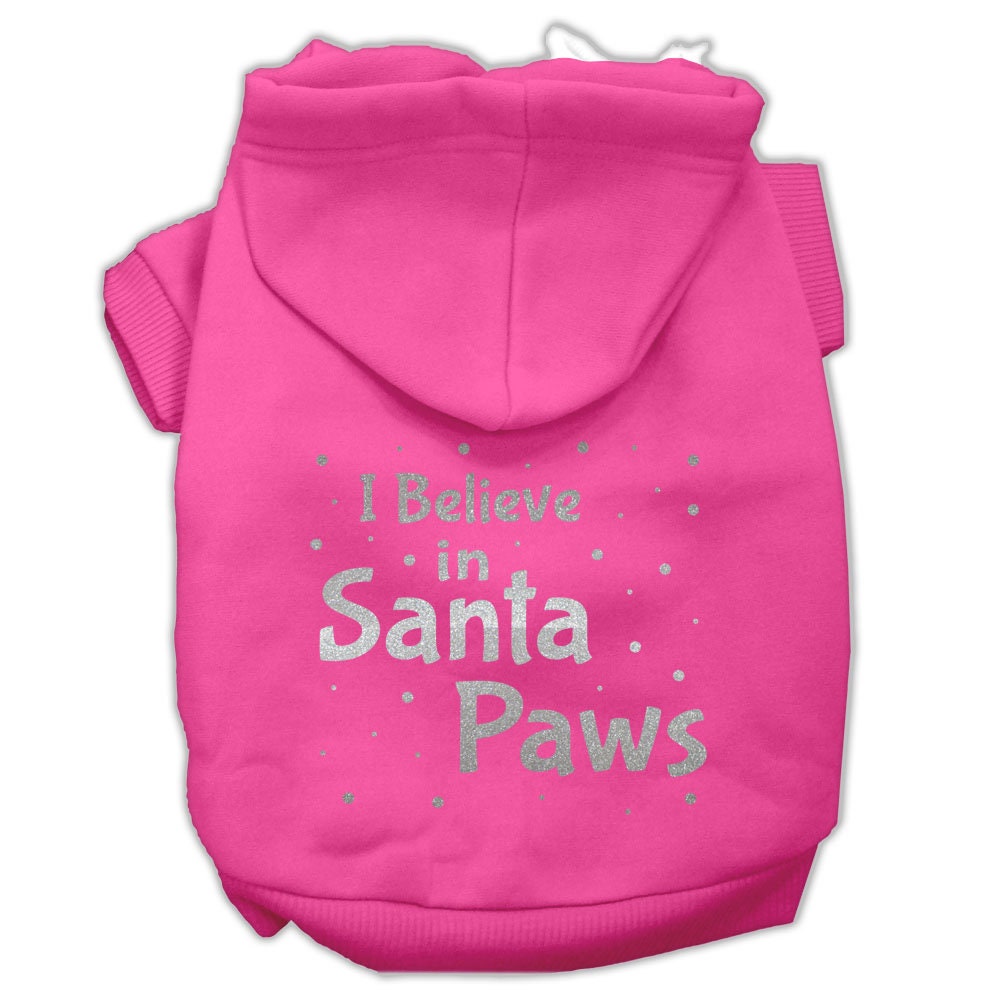 A cozy Christmas hoodie for dogs and cats, featuring the text 'I Believe In Santa Paws', designed for festive pet wear.