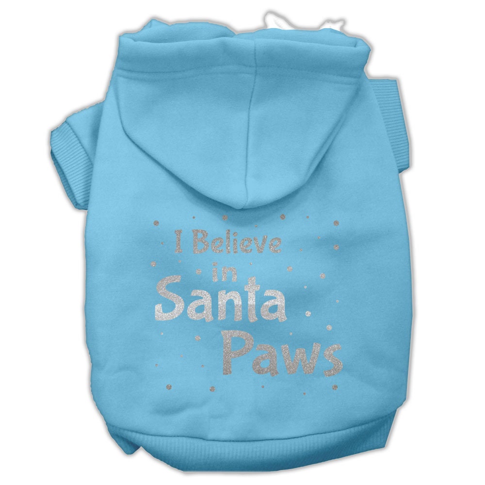 A cozy Christmas hoodie for dogs and cats, featuring the text 'I Believe In Santa Paws', designed for festive pet wear.