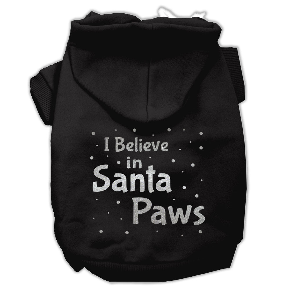 A cozy Christmas hoodie for dogs and cats, featuring the text 'I Believe In Santa Paws', designed for festive pet wear.