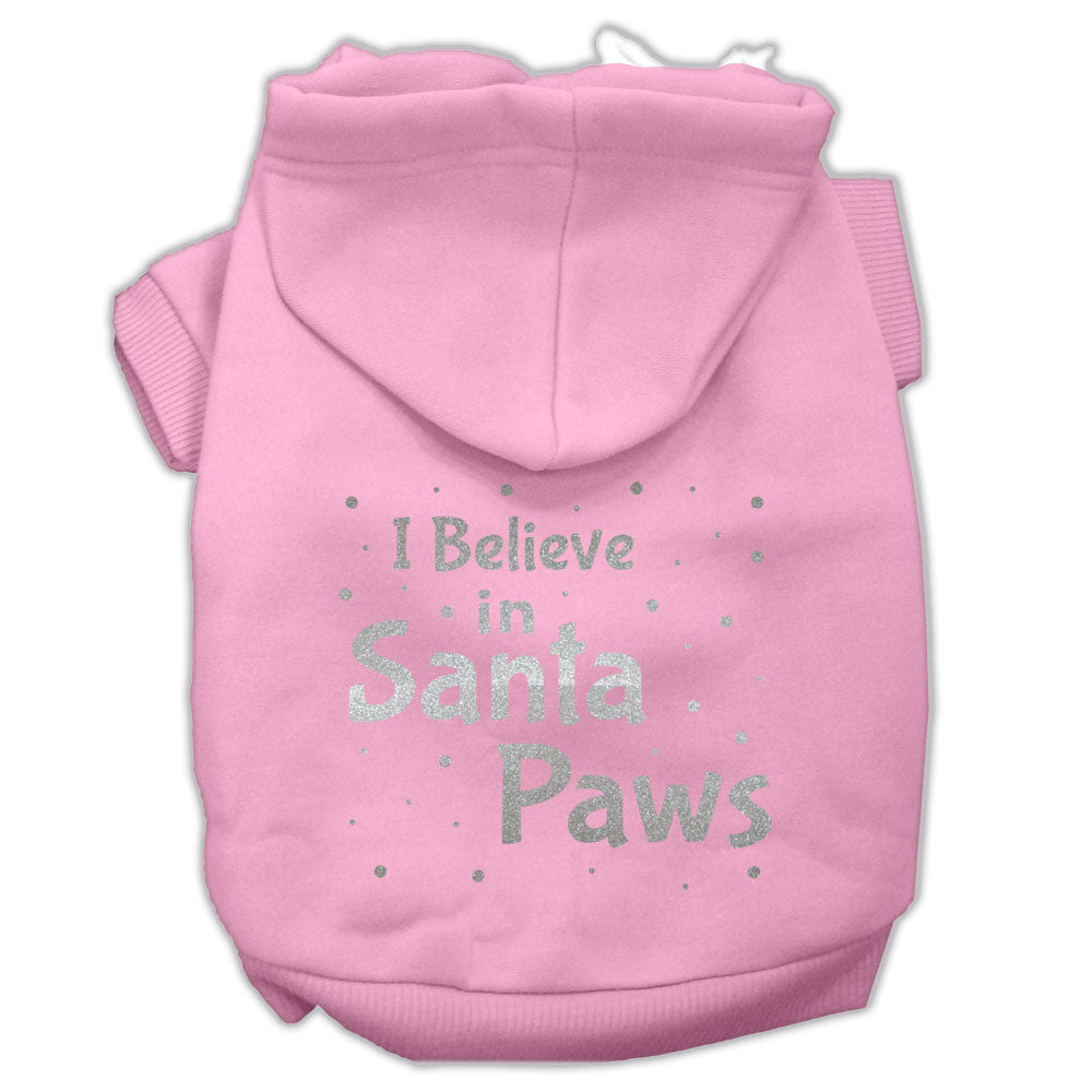 A cozy Christmas hoodie for dogs and cats, featuring the text 'I Believe In Santa Paws', designed for festive pet wear.