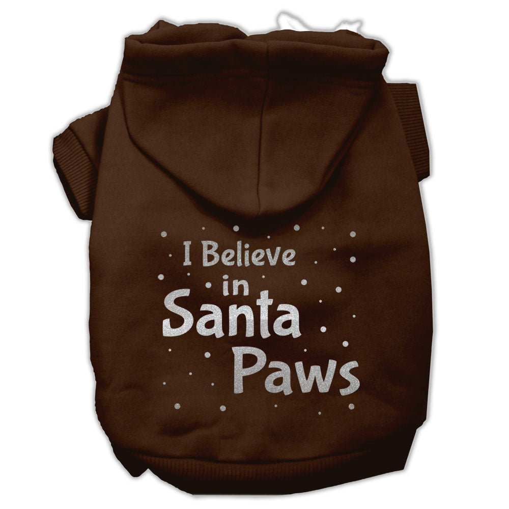 A cozy Christmas hoodie for dogs and cats, featuring the text 'I Believe In Santa Paws', designed for festive pet wear.