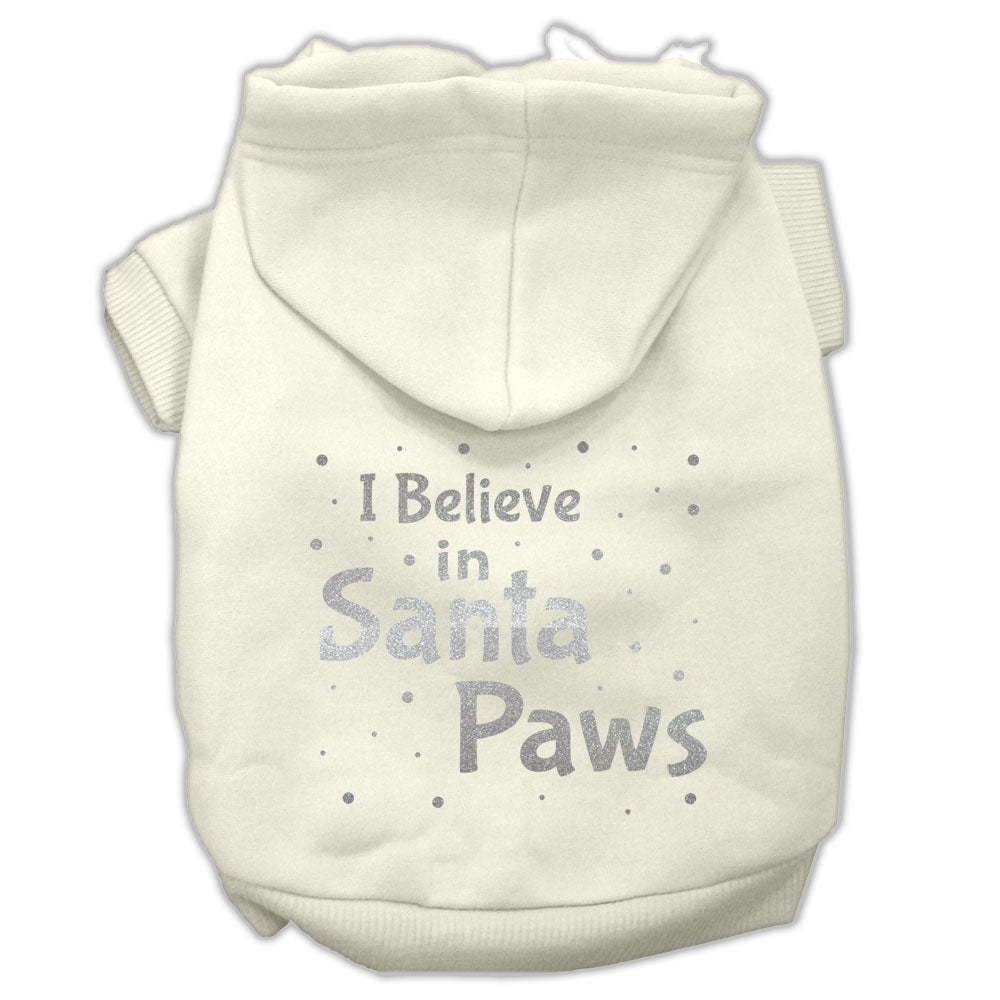 A cozy Christmas hoodie for dogs and cats, featuring the text 'I Believe In Santa Paws', designed for festive pet wear.