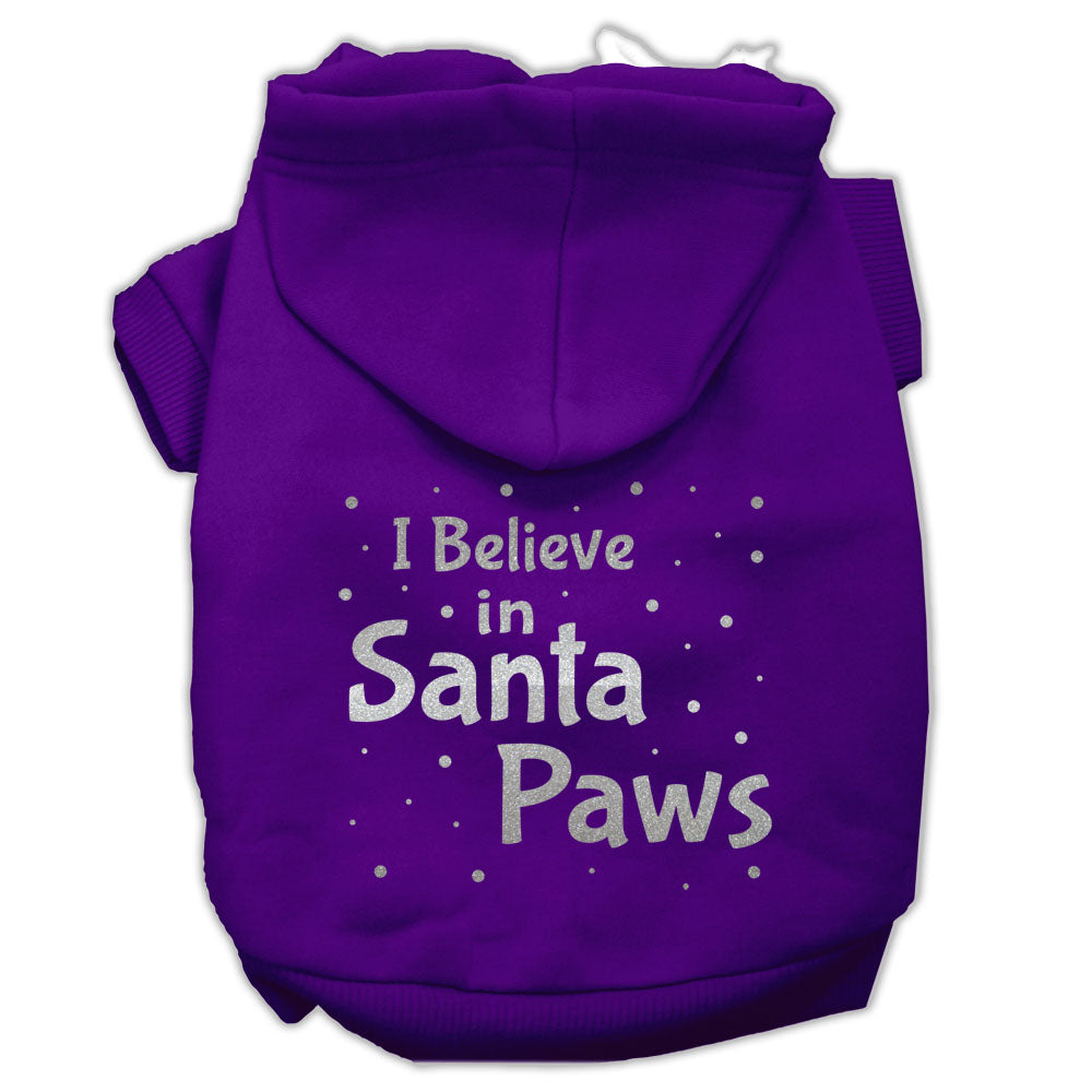 A cozy Christmas hoodie for dogs and cats, featuring the text 'I Believe In Santa Paws', designed for festive pet wear.