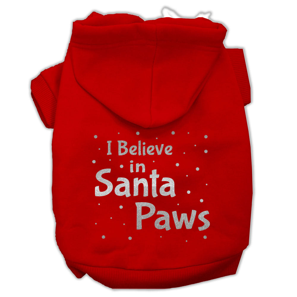 A cozy Christmas hoodie for dogs and cats, featuring the text 'I Believe In Santa Paws', designed for festive pet wear.