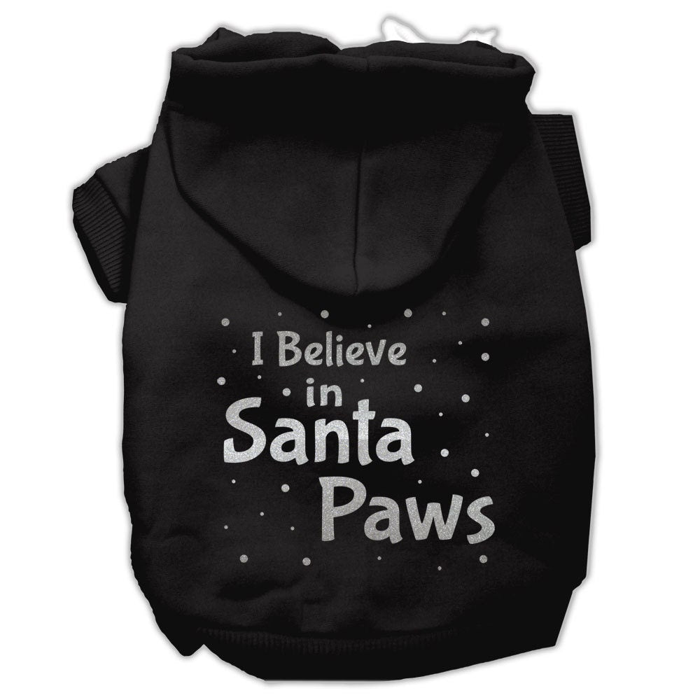 A cozy Christmas hoodie for dogs and cats, featuring the text 'I Believe In Santa Paws', designed for festive pet wear.