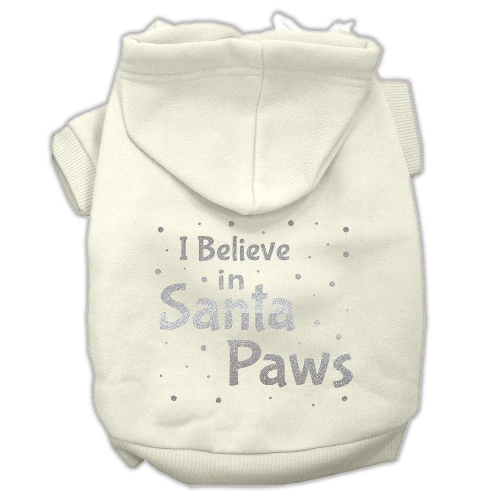 A cozy Christmas hoodie for dogs and cats, featuring the text 'I Believe In Santa Paws', designed for festive pet wear.