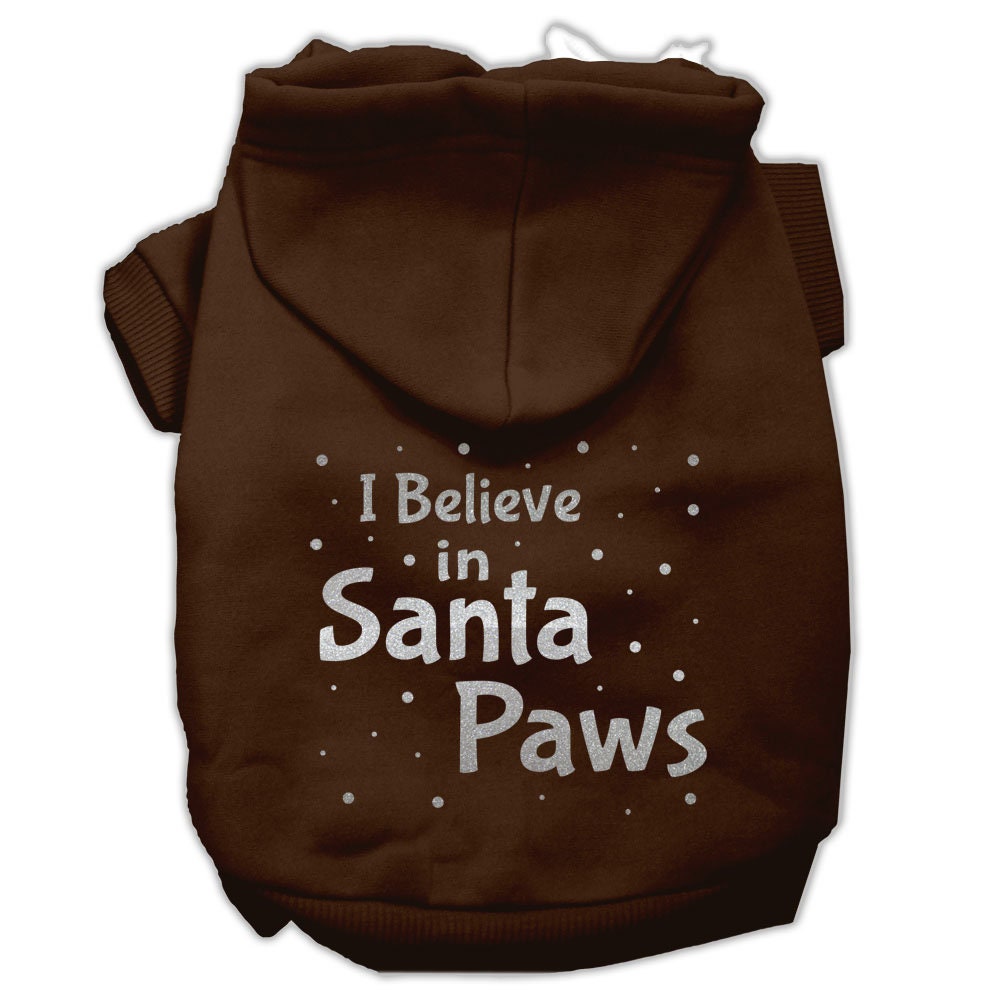 A cozy Christmas hoodie for dogs and cats, featuring the text 'I Believe In Santa Paws', designed for festive pet wear.