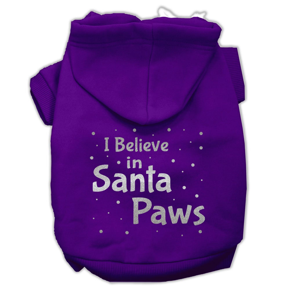 A cozy Christmas hoodie for dogs and cats, featuring the text 'I Believe In Santa Paws', designed for festive pet wear.