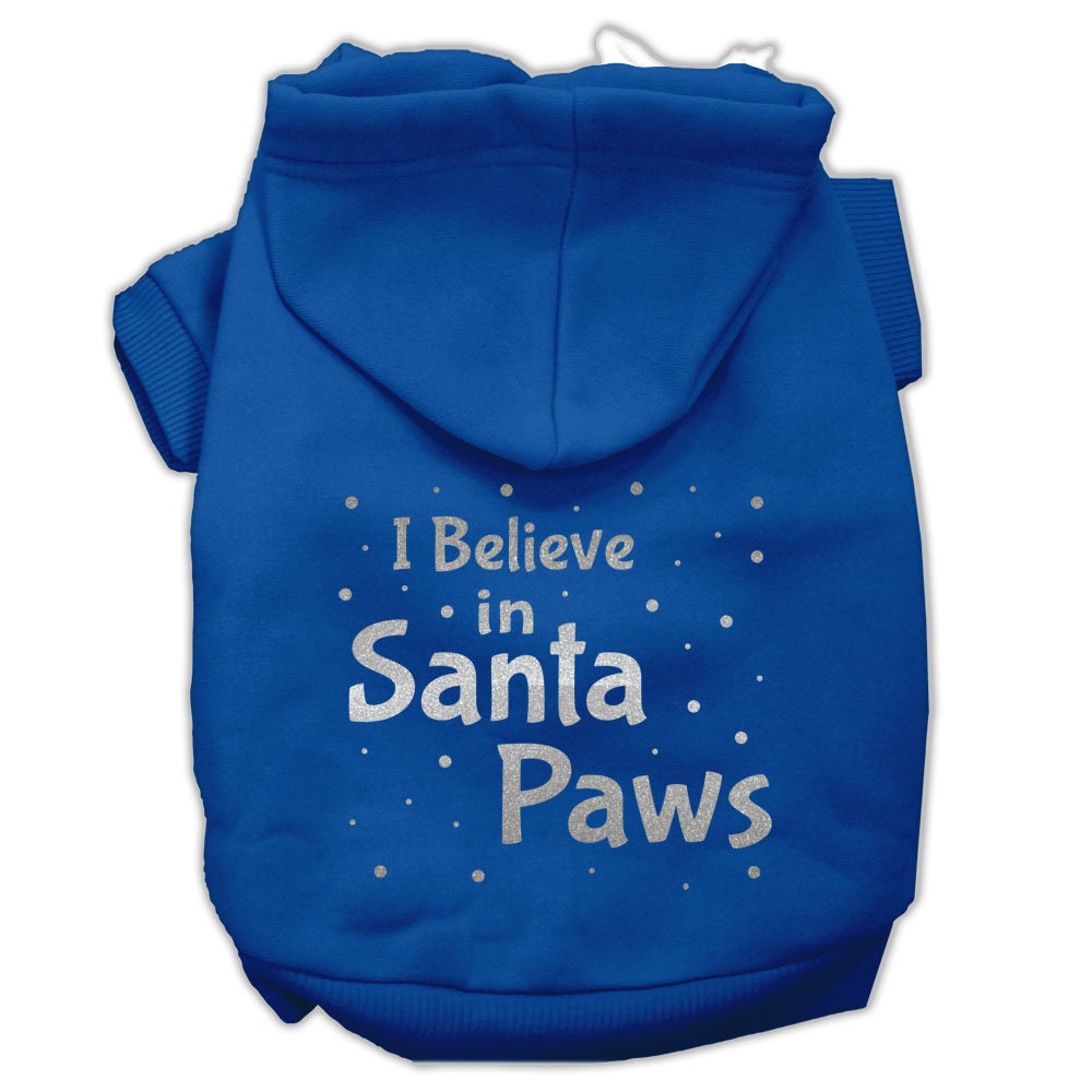 A cozy Christmas hoodie for dogs and cats, featuring the text 'I Believe In Santa Paws', designed for festive pet wear.