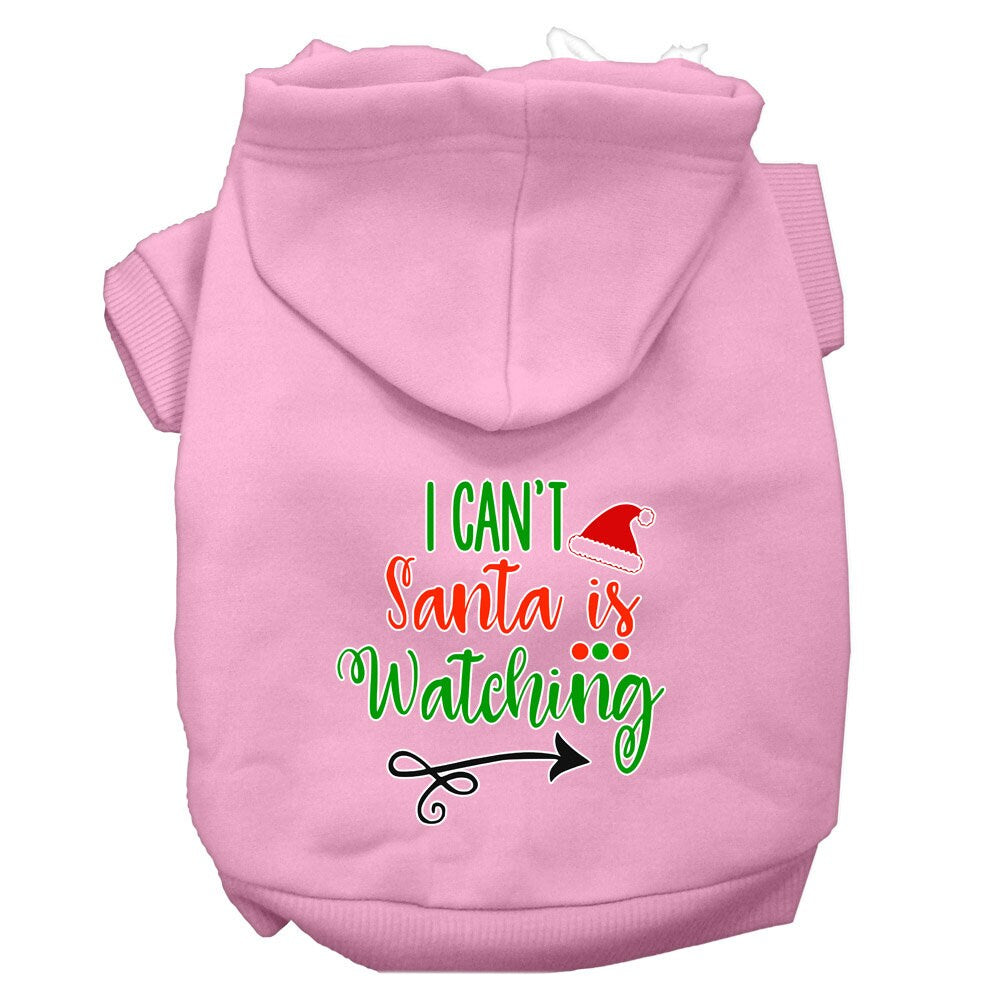 Christmas pet hoodie for dogs and cats, featuring the phrase 'I Can't, Santa Is Watching', made from soft cotton-polyester blend.
