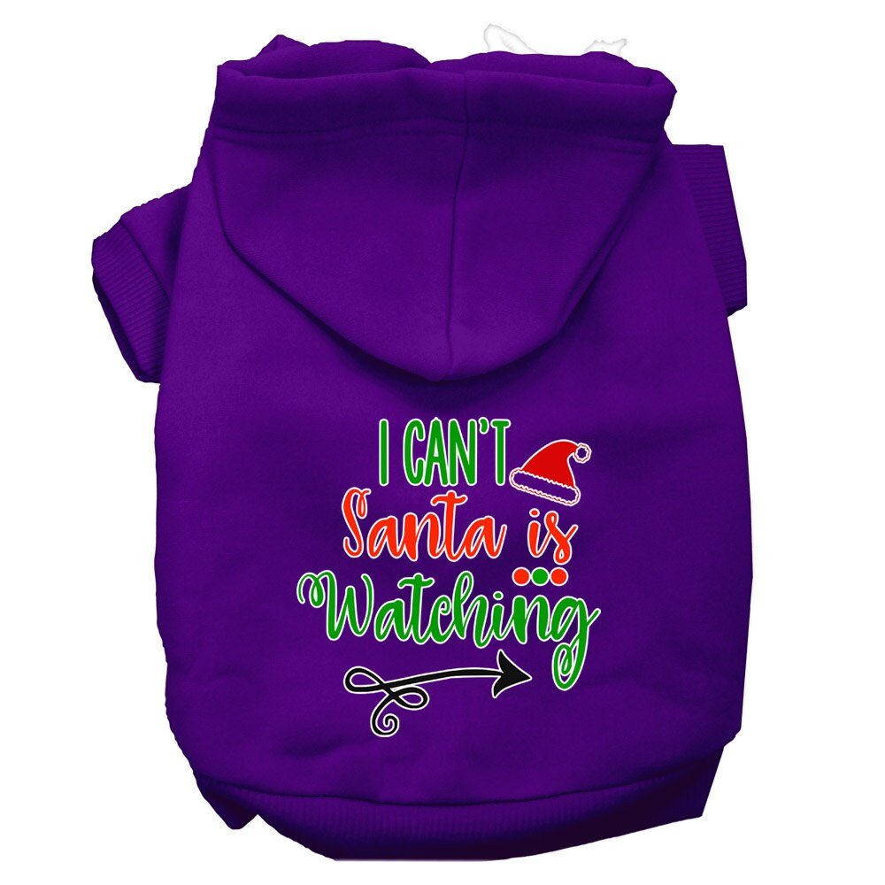 Christmas pet hoodie for dogs and cats, featuring the phrase 'I Can't, Santa Is Watching', made from soft cotton-polyester blend.