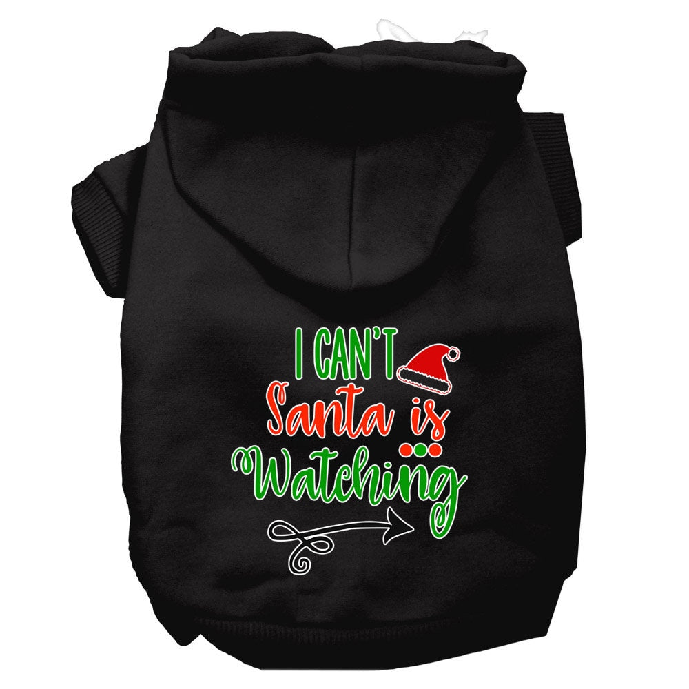 Christmas pet hoodie for dogs and cats, featuring the phrase 'I Can't, Santa Is Watching', made from soft cotton-polyester blend.