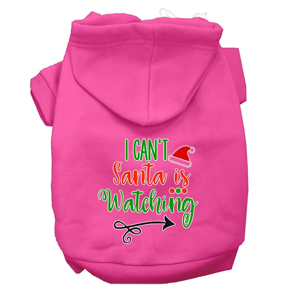 Christmas pet hoodie for dogs and cats, featuring the phrase 'I Can't, Santa Is Watching', made from soft cotton-polyester blend.