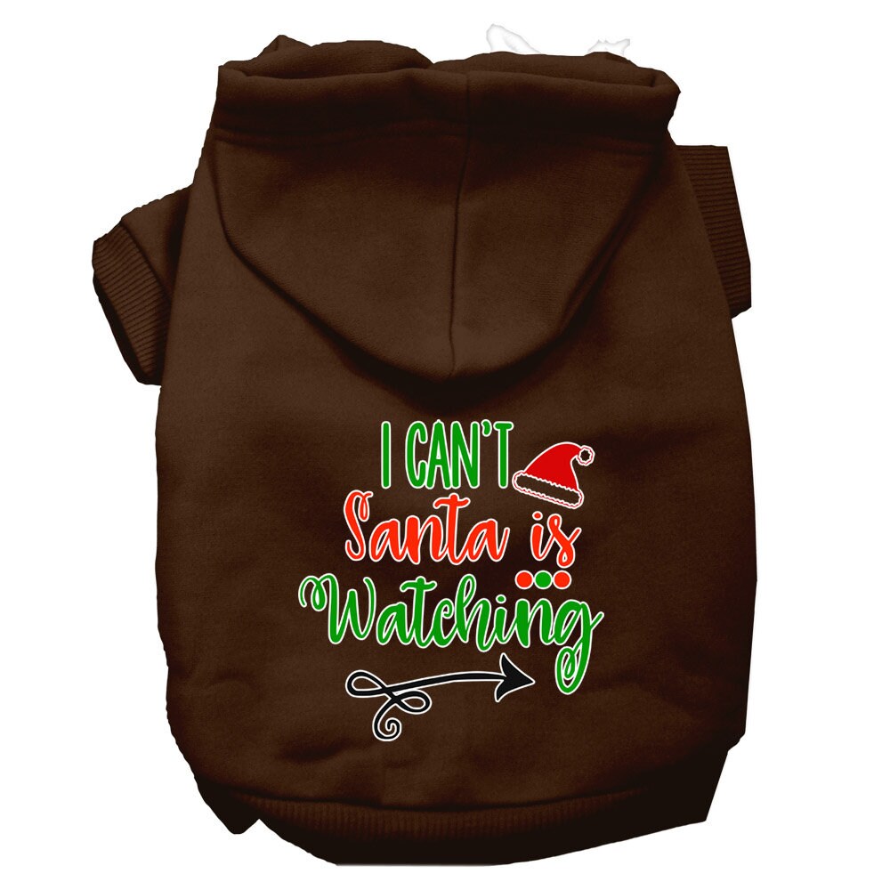 Christmas pet hoodie for dogs and cats, featuring the phrase 'I Can't, Santa Is Watching', made from soft cotton-polyester blend.
