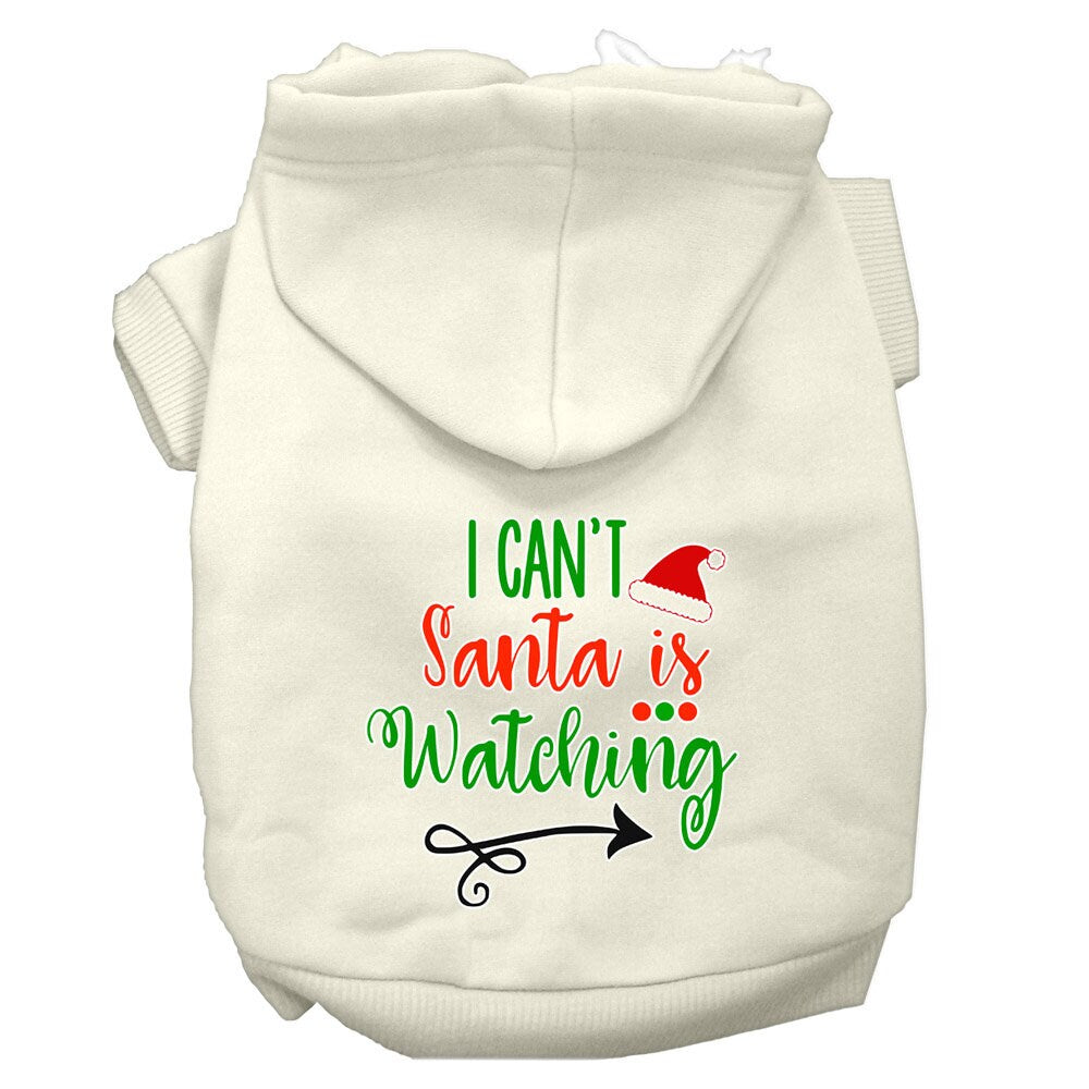 Christmas pet hoodie for dogs and cats, featuring the phrase 'I Can't, Santa Is Watching', made from soft cotton-polyester blend.
