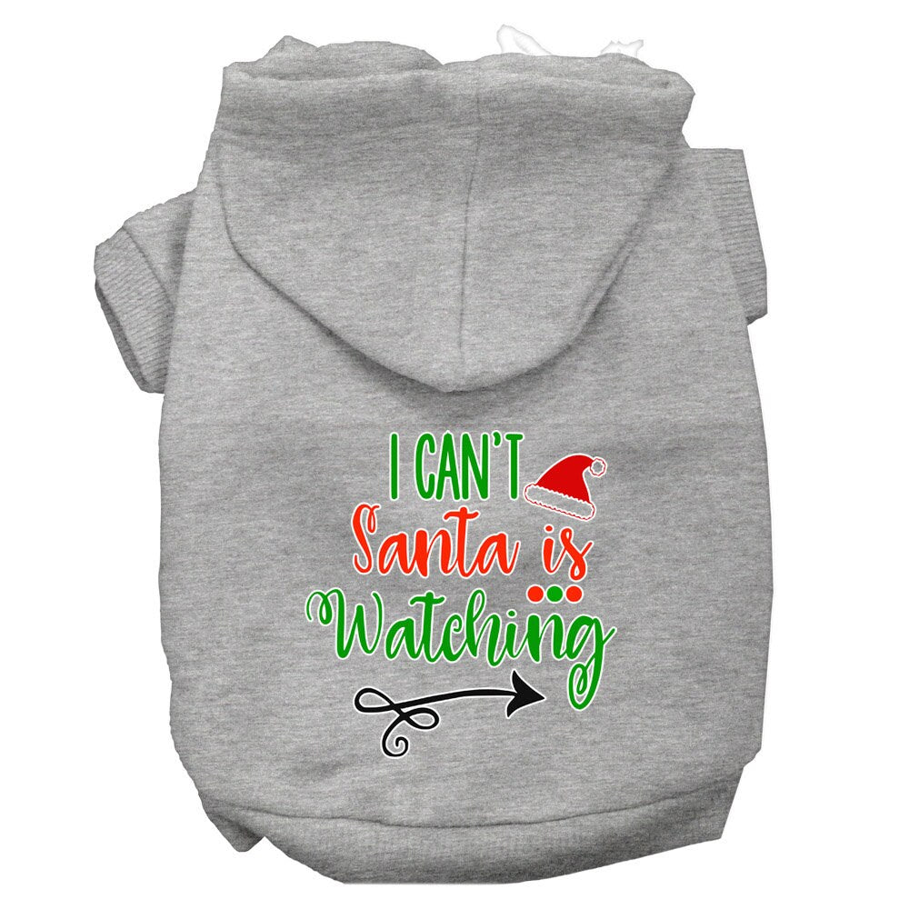 Christmas pet hoodie for dogs and cats, featuring the phrase 'I Can't, Santa Is Watching', made from soft cotton-polyester blend.