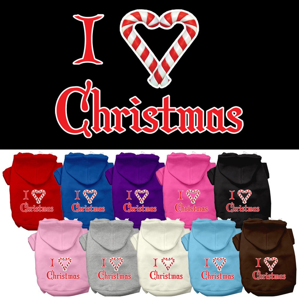 A cozy Christmas hoodie for dogs and cats, featuring the text 'I Heart Christmas' in festive colors, perfect for holiday celebrations.