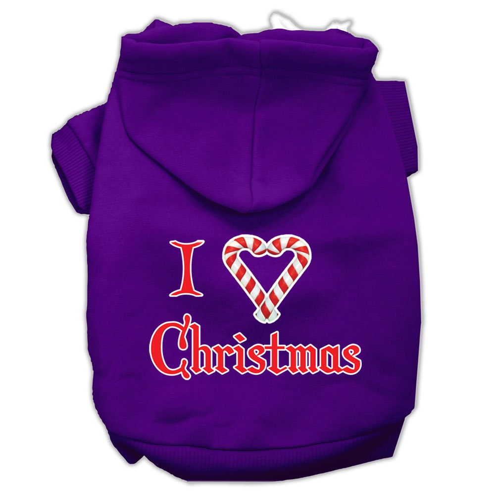 A cozy Christmas hoodie for dogs and cats, featuring the text 'I Heart Christmas' in festive colors, perfect for holiday celebrations.