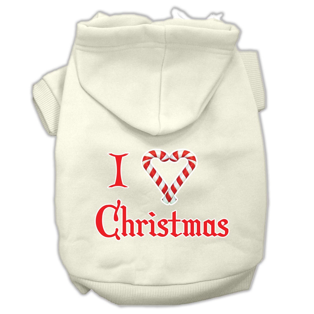 A cozy Christmas hoodie for dogs and cats, featuring the text 'I Heart Christmas' in festive colors, perfect for holiday celebrations.