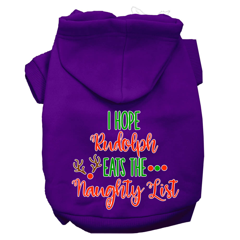 Christmas pet hoodie for dogs and cats, featuring the phrase 'I Hope Rudolph Eats The Naughty List', made from soft and durable fabric.