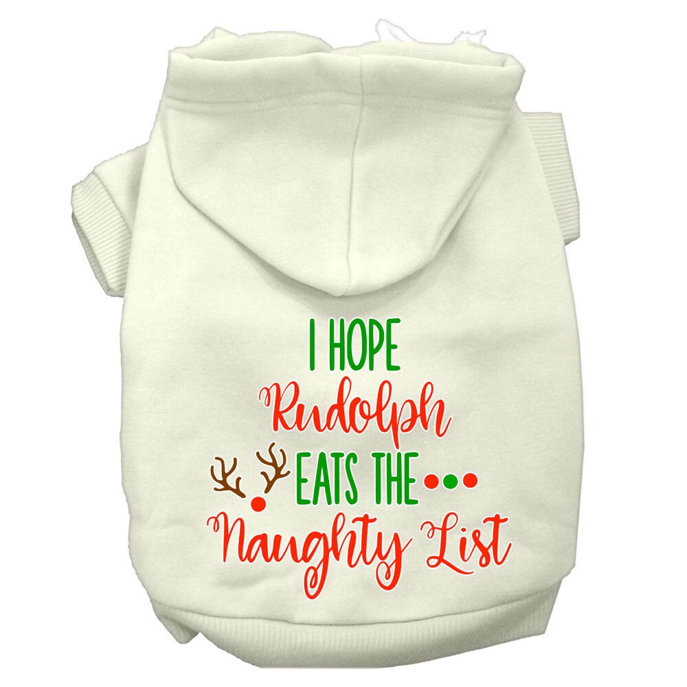 Christmas pet hoodie for dogs and cats, featuring the phrase 'I Hope Rudolph Eats The Naughty List', made from soft and durable fabric.