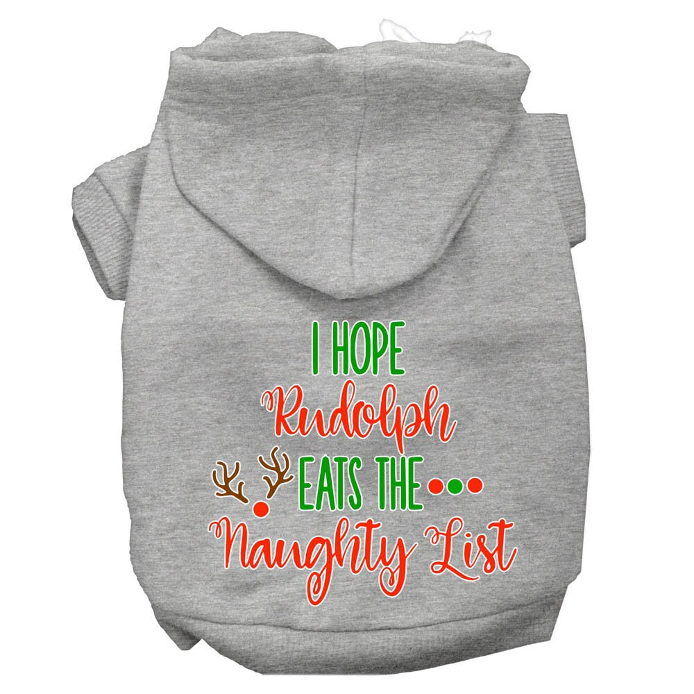 Christmas pet hoodie for dogs and cats, featuring the phrase 'I Hope Rudolph Eats The Naughty List', made from soft and durable fabric.