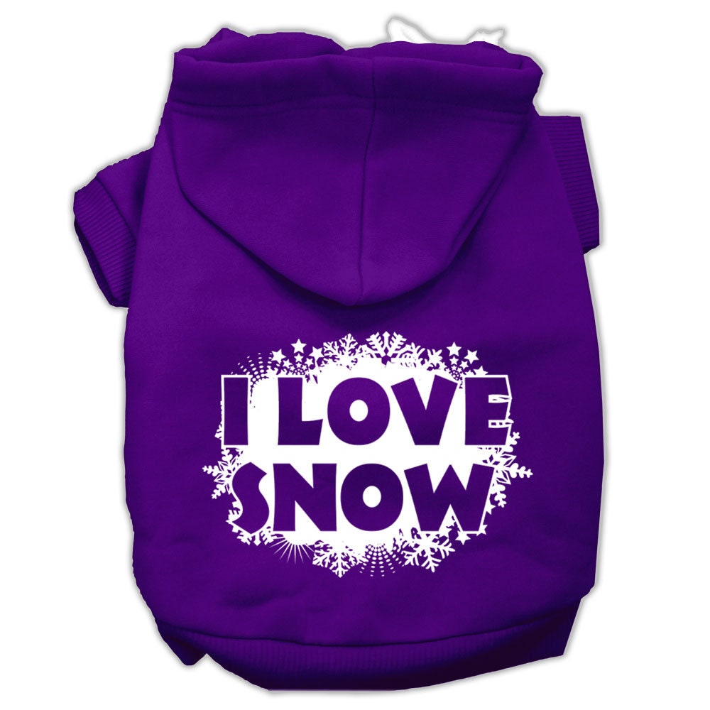 A cozy Christmas hoodie for pets, featuring a screen print that says 'I Love Snow', designed for dogs and cats.