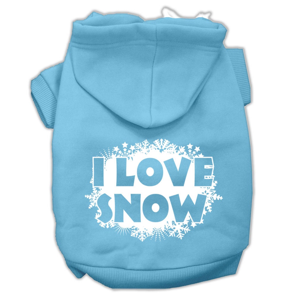 A cozy Christmas hoodie for pets, featuring a screen print that says 'I Love Snow', designed for dogs and cats.
