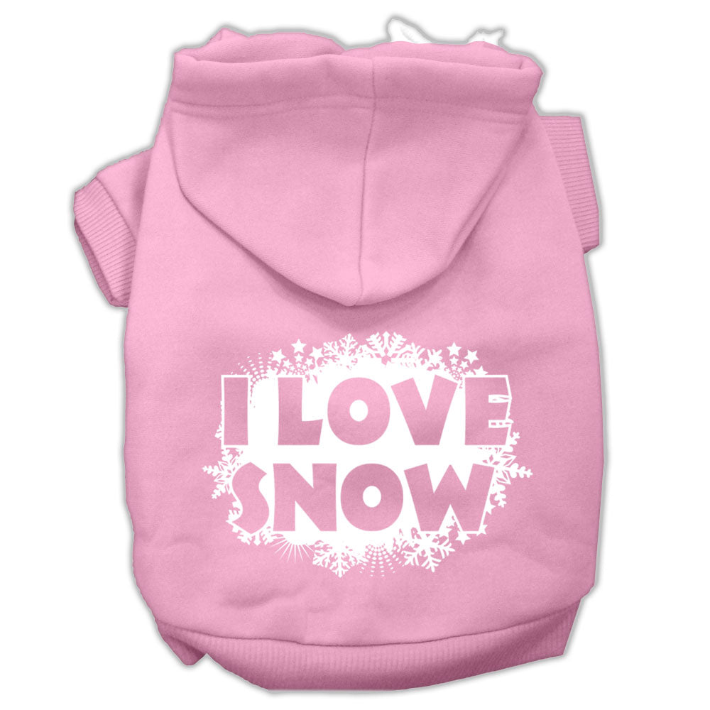 A cozy Christmas hoodie for pets, featuring a screen print that says 'I Love Snow', designed for dogs and cats.