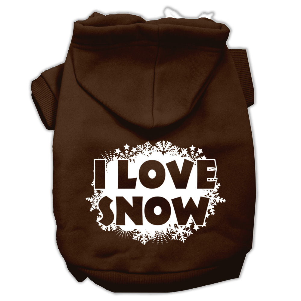 A cozy Christmas hoodie for pets, featuring a screen print that says 'I Love Snow', designed for dogs and cats.