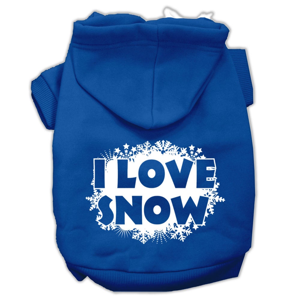 A cozy Christmas hoodie for pets, featuring a screen print that says 'I Love Snow', designed for dogs and cats.